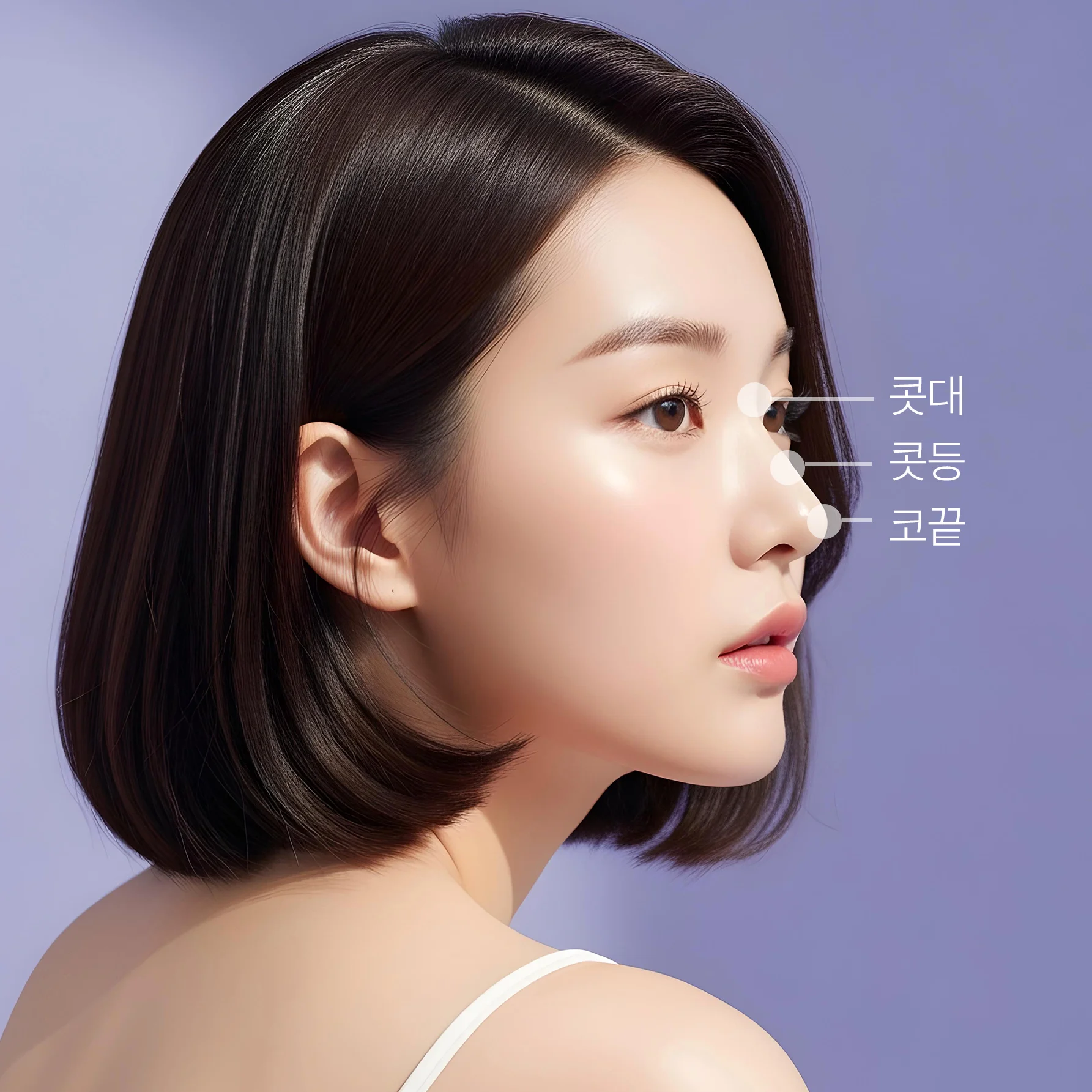 콧대, 콧등, 코끝 위치를 표시한 모델 옆모습